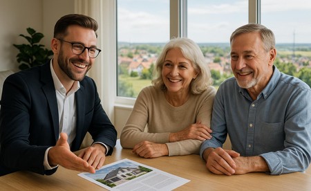 Freundlicher Immobilienberater mit Unterlagen und glückliches Paar in einem modernen Wohnzimmer, beide lächeln und besprechen den Immobilienverkauf. Auf dem Tisch liegt ein Exposé, im Hintergrund Fenster mit Blick auf Frechen-Königsdorf.