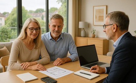 Zwei Menschen besprechen Unterlagen beim Hausverkauf in Köln