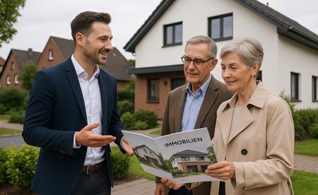 Freundlicher Makler berät Eigentümer vor stilvollem Haus in Köln, Immobilienexposé in der Hand.