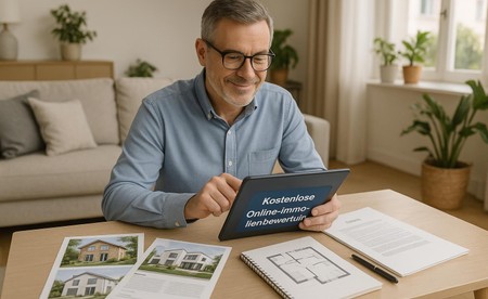 Eine Person nutzt ein Tablet für eine Immobilienbewertung, daneben liegt ein Ausdruck mit Wohnungsfotos, Immobilienexposé und Notizblock. Im Hintergrund modernes Wohnzimmer im Tageslicht, ruhige Atmosphäre.