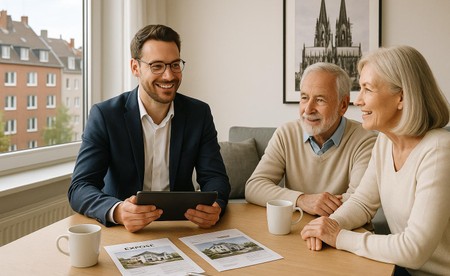 Makler und Eigentümerpaar besprechen Hausverkauf in moderner Wohnung mit Kölner Flair