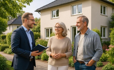 Hausverkauf in Frechen-Königsdorf – Immobilienbesitzer und Makler beim Gespräch vor Einfamilienhaus, grüne Umgebung, freundliche Stimmung.