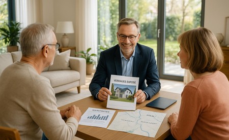 Immobilienbewertung und Beratung durch Rückner Immobilien, persönliches Treffen mit Eigentümern im gehobenen Wohnzimmer, Marktdaten und Exposé auf dem Tisch.